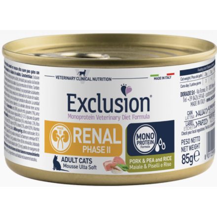 Exclusion Renal (sertés, borsó, rizs) konzerv cicáknak (vesebetegség és oxalát kő esetén) 85g