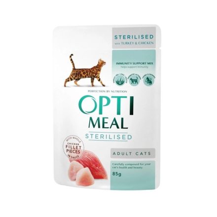 OPTIMEAL Teljes értékű szaftos állateledel csirkével és pulykával- ivartalanított macskáknak 85g